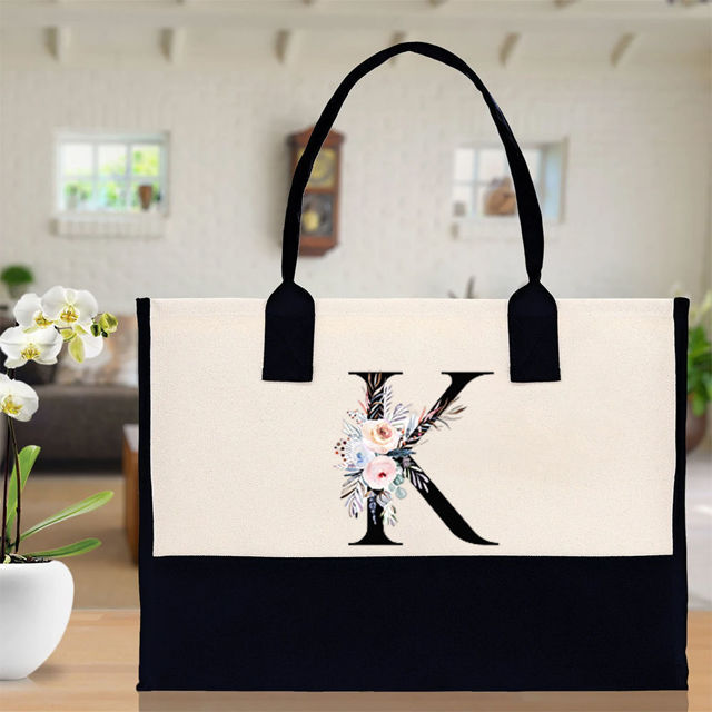 Picture of Custom Canvas Tote Bag with Birth Flower | Personalized  Name Tote Bag |  Bridesmaid Gift