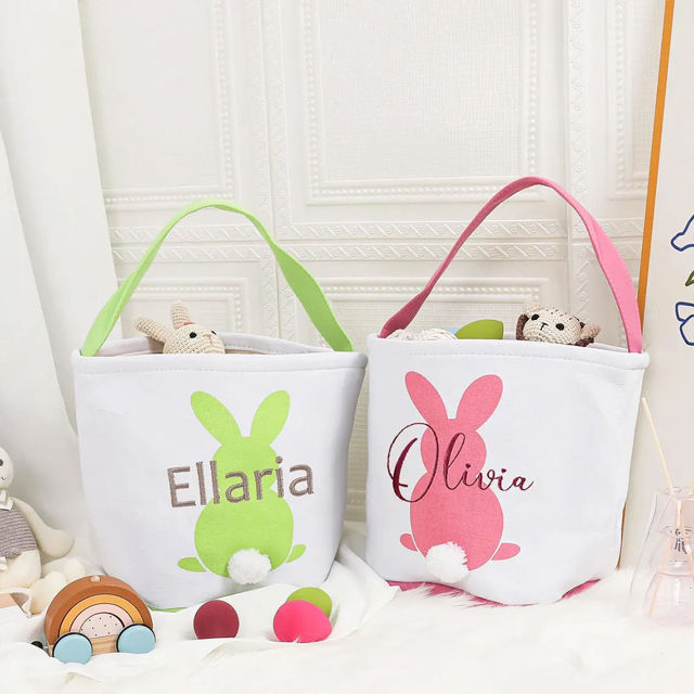 Picture of Personalized Name Embroidered Easter Bunny Basket - Custom Plush Tail Storage Basket - Personalized Carrying Bucket