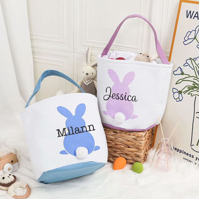 Picture of Personalized Name Embroidered Easter Bunny Basket - Custom Plush Tail Storage Basket - Personalized Carrying Bucket