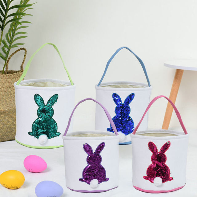 Picture of Personalized Name Embroidered Easter Bunny Basket - Custom Plush Tail Storage Basket - Personalized Carrying Bucket