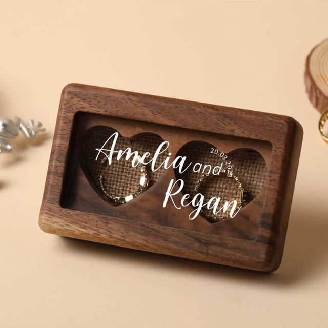 Picture of Personalized Double Wedding Ring Box - Personalized Wooden Ring Box - Custom Love Ring Box