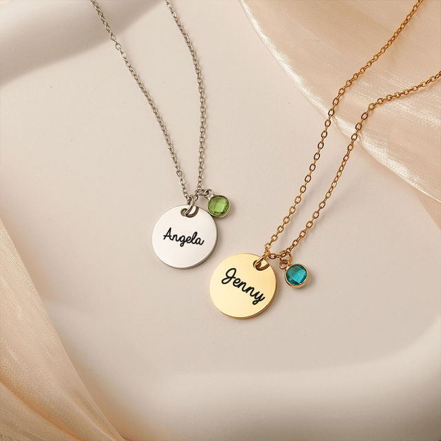 Picture of Personalized Disc Name Necklace with Birthstone | Custom Necklace with Engraved Text | Gift for her