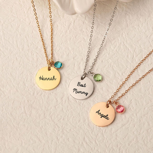 Picture of Personalized Disc Name Necklace with Birthstone | Custom Necklace with Engraved Text | Gift for her