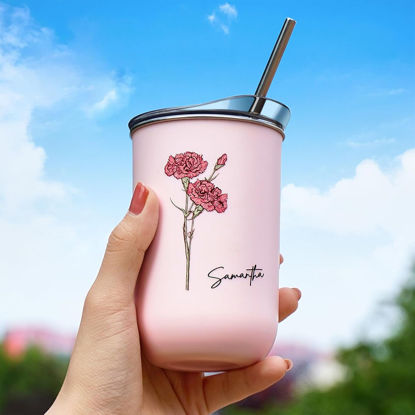 Picture of Personalized Birth Flower Straw Cup | Custom Stainless Steel Travel Cup with Name | Best Bridesmaid Gift