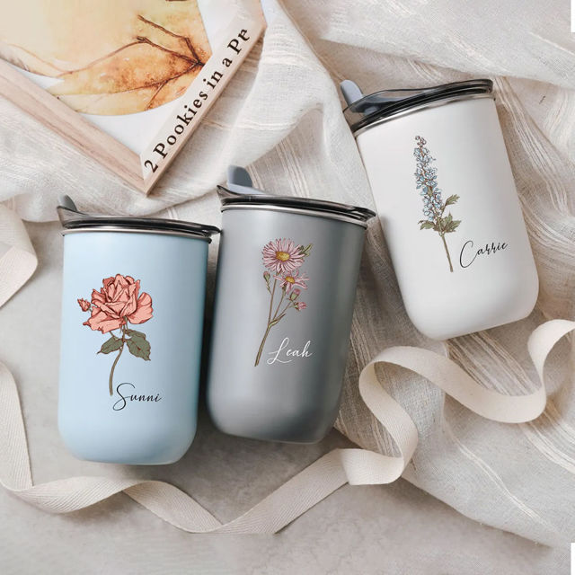 Picture of Personalized Birth Flower Straw Cup | Custom Stainless Steel Travel Cup with Name | Best Bridesmaid Gift