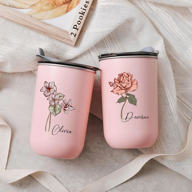 Picture of Personalized Birth Flower Straw Cup | Custom Stainless Steel Travel Cup with Name | Best Bridesmaid Gift