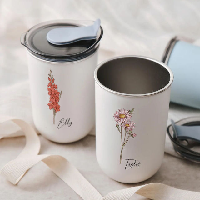 Picture of Personalized Birth Flower Straw Cup | Custom Stainless Steel Travel Cup with Name | Best Bridesmaid Gift