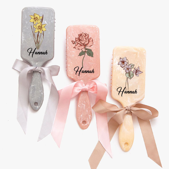 Picture of Personalized Birth Flower Airbag Hair Brush | Custom Bridesmaid Hair Brushes | Birthday Gift