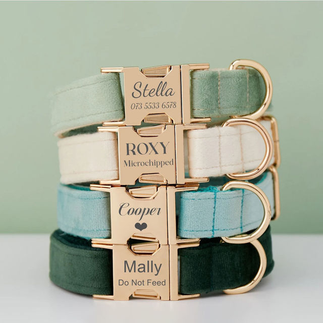 Imagen de Collar con nombre de mascota personalizado - Collares de terciopelo para perros de varios colores personalizados - Etiqueta con nombre de mascota grabada personalizada con hebilla de metal - Regalo para cachorros para bodas y Navidad