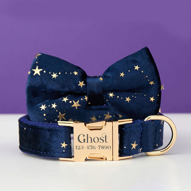 Picture of Personalized Dog Collar Bow Tie Leash Set with Starry Stars - Best Christmas Gifts for Dog and Pets