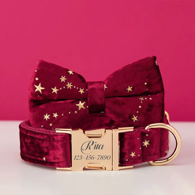 Picture of Personalized Dog Collar Bow Tie Leash Set with Starry Stars - Best Christmas Gifts for Dog and Pets