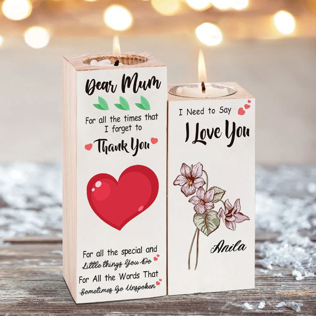 Picture of Custom Rectangular Wooden Candle Holders - Personalized Name and Flower Candle Holders - Best Custom Candle Holder Gifts for Family and Lover