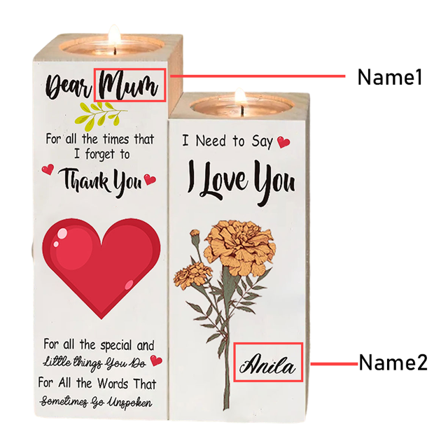 Picture of Custom Rectangular Wooden Candle Holders - Personalized Name and Flower Candle Holders - Best Custom Candle Holder Gifts for Family and Lover