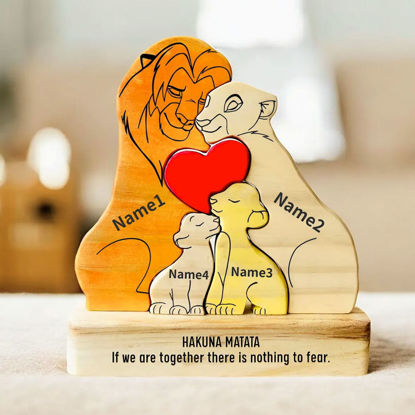 Picture of Personalized UV Color Printing Wooden Lion Family Puzzle - Custom Family Name Puzzle - Gift for Dad and Mum - Unique Home Decor Gifts