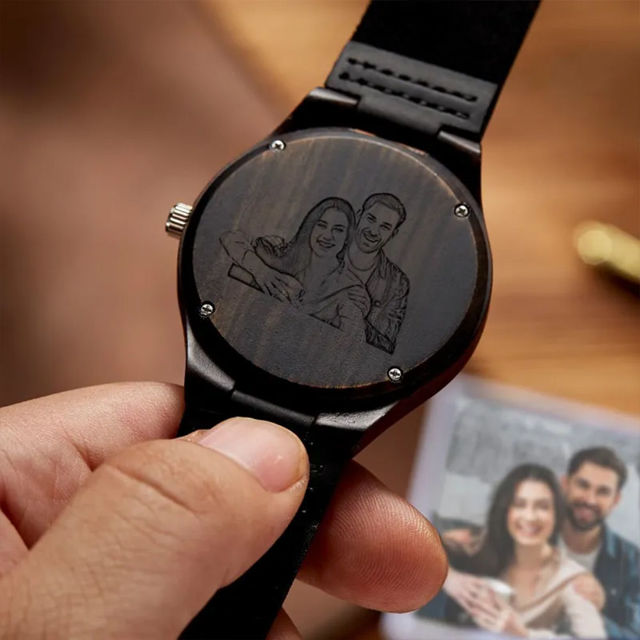 Picture of Custom Engraved Bamboo Wood Photo Watch - Engraved On the Back
