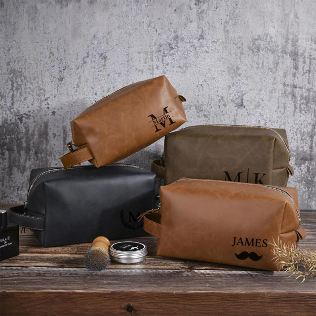 Picture of Custom Leather Toiletry Bag | Personalized Groomsmen Gifts | Travel Bag for Dad