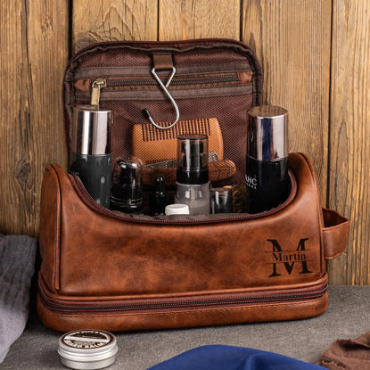 Picture of Custom Double Layer Leather Toiletry Bag | Personalized Groomsmen Gifts | Travel Bag For Dad