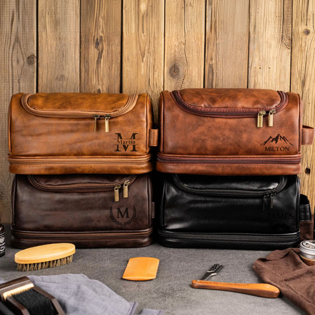 Picture of Custom Double Layer Leather Toiletry Bag | Personalized Groomsmen Gifts | Travel Bag For Dad