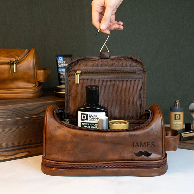 Picture of Custom Double Layer Leather Toiletry Bag | Personalized Groomsmen Gifts | Travel Bag For Dad