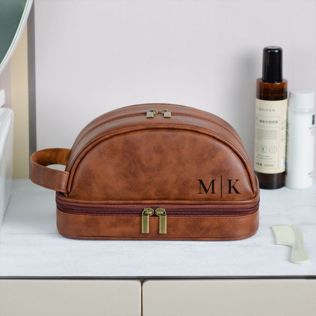 Picture of Custom Double Layer Leather Toiletry Bag for Men | Personalized Groomsmen Gifts | Gift for Father's Day