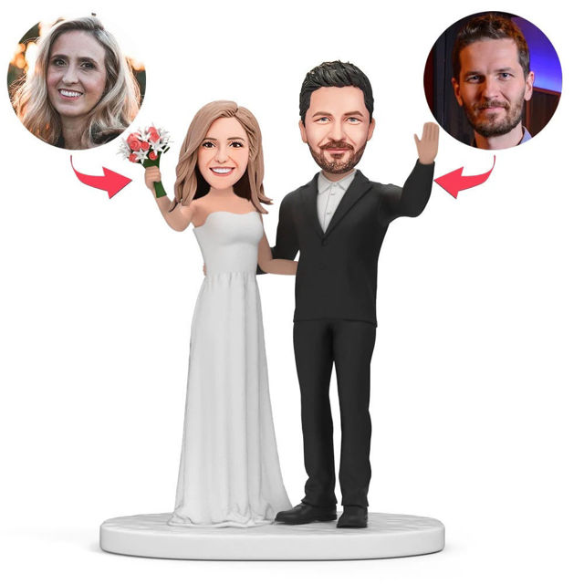 Picture of Custom Bobbleheads: Couples Waving hands With Flowers | Personalized Bobbleheads for the Special Someone as a Unique Gift Idea｜Best Gift Idea for Birthday, Christmas, Thanksgiving etc.