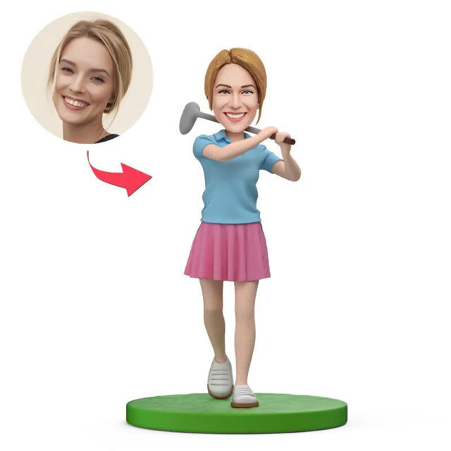 Afbeeldingen van Gepersonaliseerde bobbleheads: vrolijke vrouwelijke golfer in blauw pak | Gepersonaliseerde bobbleheads als uniek cadeau-idee voor die ene speciale persoon｜Het beste cadeau-idee voor verjaardagen, Kerstmis, Thanksgiving, etc.