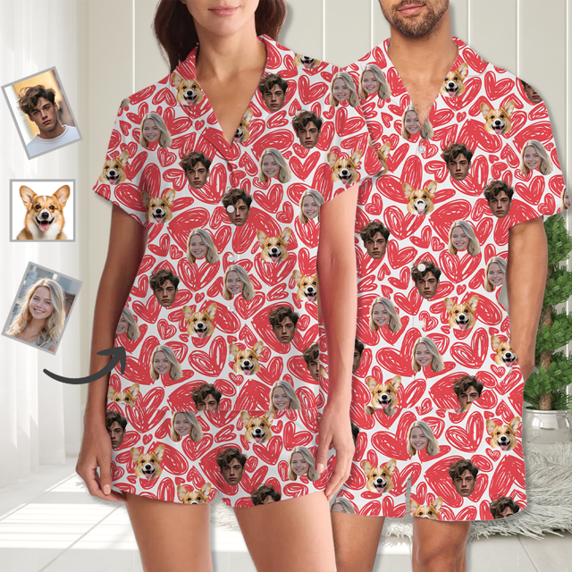 Picture of Custom Summer Pajamas Full Set with Face - Short Sleeve Pajamas - Personalised Unisex Pajamas Set