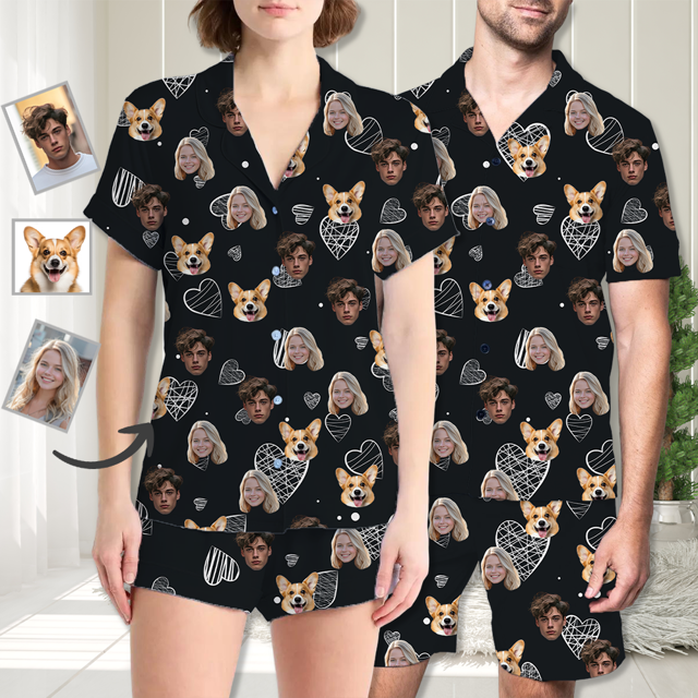 Picture of Custom Face Pajamas Full Set with Short Sleeves - Personalised Unisex Pajama Set for Couple