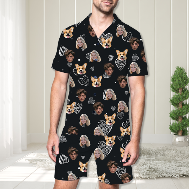 Picture of Custom Face Pajamas Full Set with Short Sleeves - Personalised Unisex Pajama Set for Couple