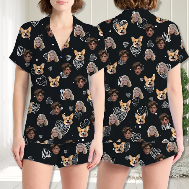 Picture of Custom Face Pajamas Full Set with Short Sleeves - Personalised Unisex Pajama Set for Couple