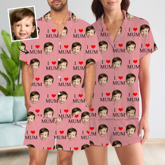 Picture of Custom Summer Pajamas Full Set with Short Sleeves - Personalised Unisex Pajama Set with Faces - Birthday Gift