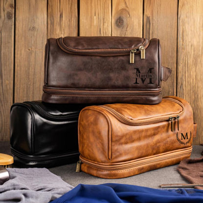 Picture of Custom Double Layer Leather Toiletry Bag | Personalized Groomsmen Gifts | Travel Bag For Dad