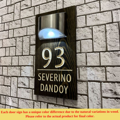 Picture of Custom Waterproof Wooden Solar Light House Sign - Personalised Engraved Door Number Sign Plaque - LED Lit Numbers