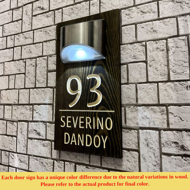 Picture of Custom Waterproof Wooden Solar Light House Sign - Personalised Engraved Door Number Sign Plaque - LED Lit Numbers