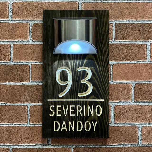 Picture of Custom Waterproof Wooden Solar Light House Sign - Personalised Engraved Door Number Sign Plaque - LED Lit Numbers