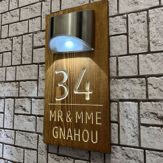 Picture of Custom Waterproof Wooden Solar Light House Sign - Personalised Engraved Door Number Sign Plaque - LED Lit Numbers