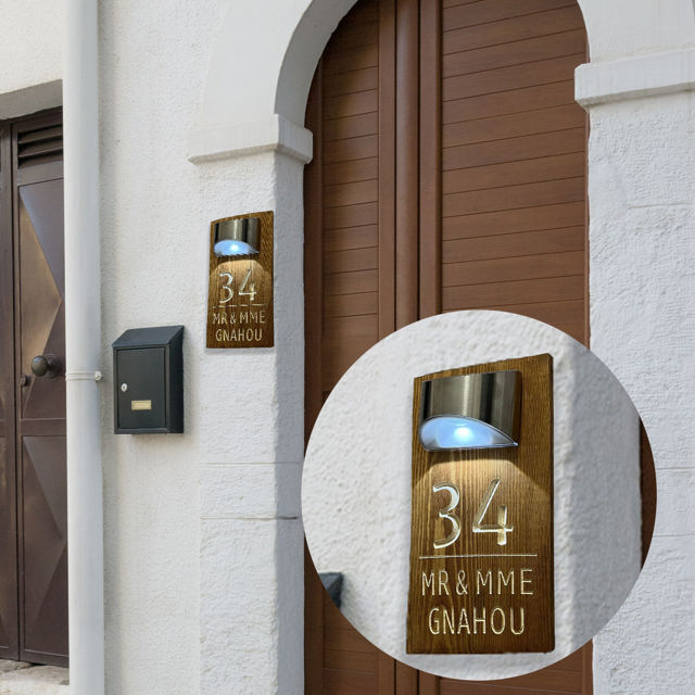 Picture of Custom Waterproof Wooden Solar Light House Sign - Personalised Engraved Door Number Sign Plaque - LED Lit Numbers