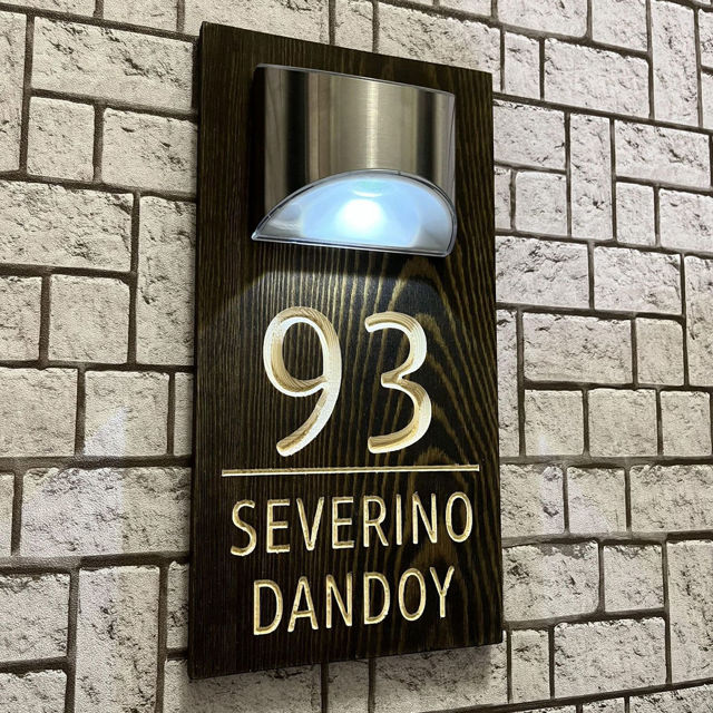 Picture of Custom Waterproof Wooden Solar Light House Sign - Personalised Engraved Door Number Sign Plaque - LED Lit Numbers