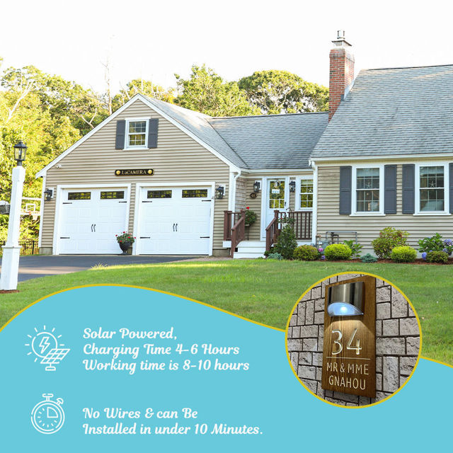 Picture of Custom Waterproof Wooden Solar Light House Sign - Personalised Engraved Door Number Sign Plaque - LED Lit Numbers