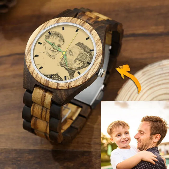 Picture of Personalized Engraved Wood Photo Watch - Gift for Him - Birthday Gift