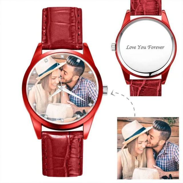 Picture of Personalized Engraved Red Couple Watch with Photo - Best Gift for Valentine's Day or Anniversary