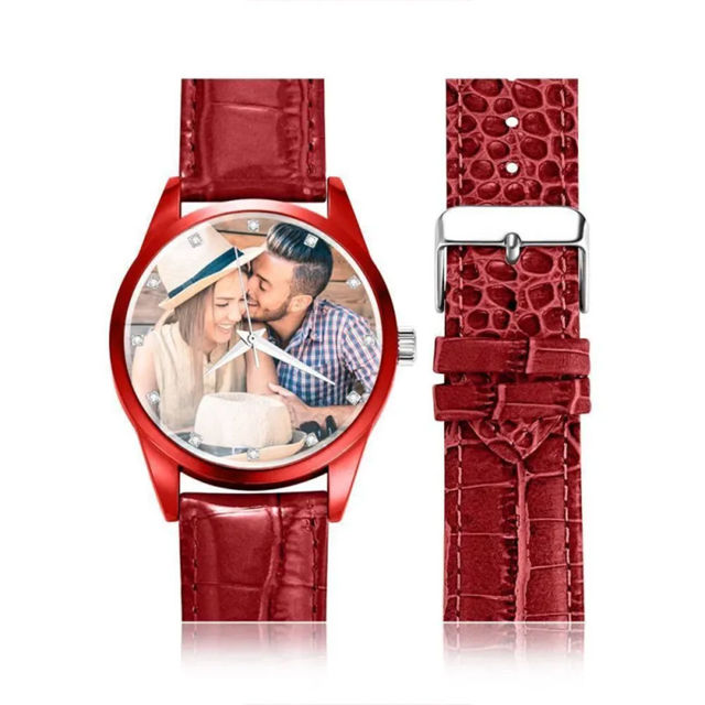 Picture of Personalized Engraved Red Couple Watch with Photo - Best Gift for Valentine's Day or Anniversary