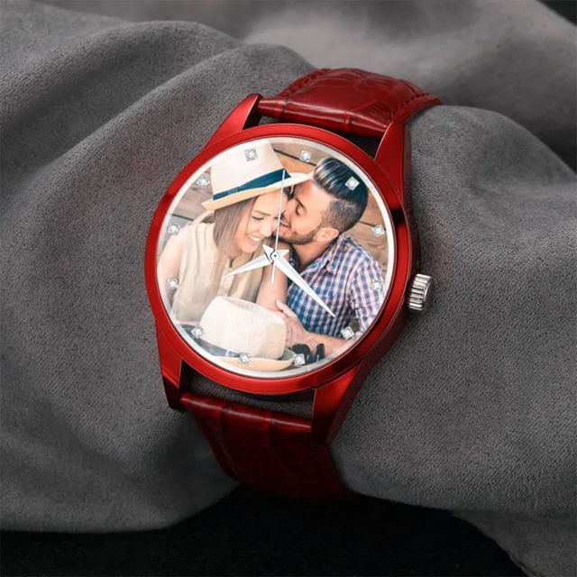 Picture of Personalized Engraved Red Couple Watch with Photo - Best Gift for Valentine's Day or Anniversary