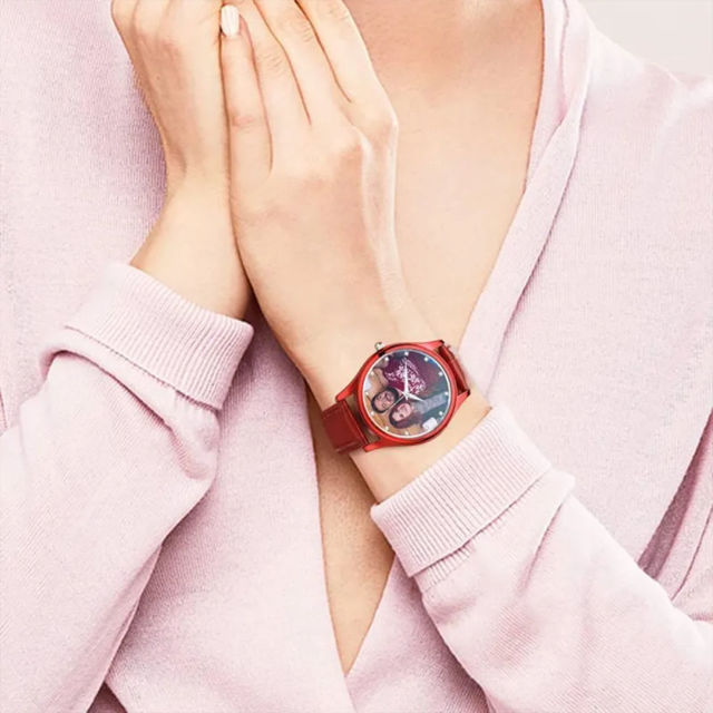 Picture of Personalized Engraved Red Couple Watch with Photo - Best Gift for Valentine's Day or Anniversary