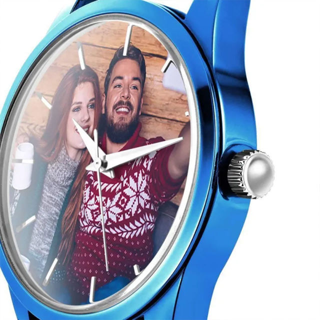 Picture of Personalized Engraved Blue Couple Watch with Photo - Best Gift for Valentine's Day or Anniversary