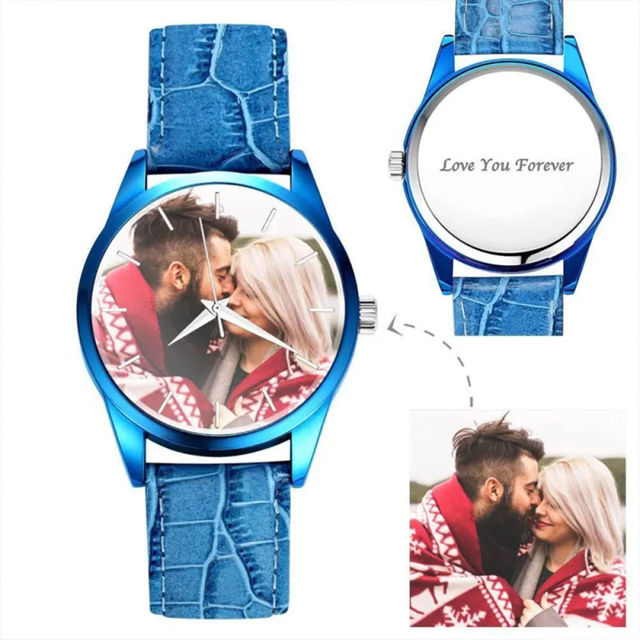 Picture of Personalized Engraved Blue Couple Watch with Photo - Best Gift for Valentine's Day or Anniversary