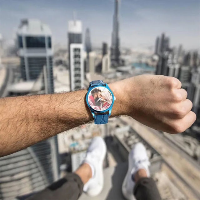 Picture of Personalized Engraved Blue Couple Watch with Photo - Best Gift for Valentine's Day or Anniversary