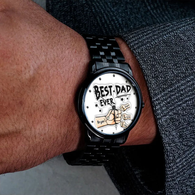 Picture of Personalized Watches Father's Day Custom Engraved Black Watch with Names - Best Gift for Dad