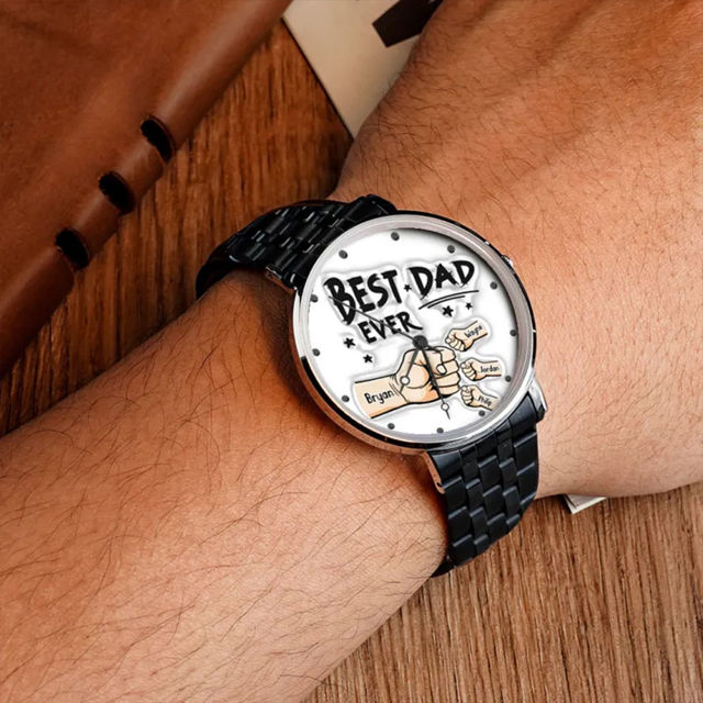 Picture of Personalized Watches Father's Day Custom Engraved Black Watch with Names - Best Gift for Dad