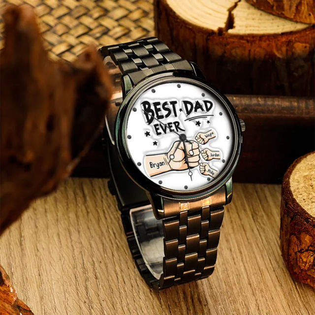 Picture of Personalized Watches Father's Day Custom Engraved Black Watch with Names - Best Gift for Dad